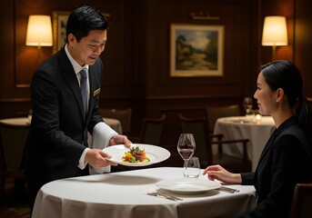 Professional server presenting food plate to seated woman in restaurant