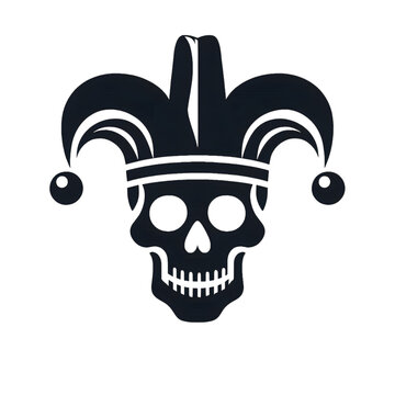 The icon of a classic human skull, rendered as a solid black shape. Atop the skull sits a traditional jester's hat, with its drooping points and bells also created from bold, black shapes.