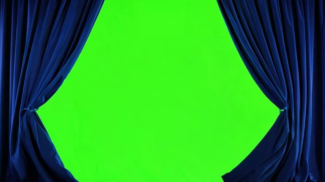 Blue curtains opening to green screen background for video production and special effects