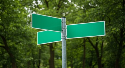 Blank green street sign on a metallic pole, surrounded by dense green foliage; calm, inviting atmosphere.