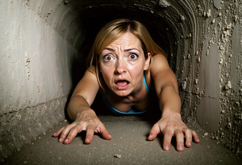 Claustrophobic escape: A terrified woman crawls desperately through a dark, narrow tunnel, her face marked by overwhelming fear and a desperate yearning for freedom.