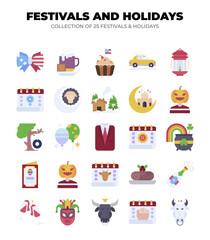 Collection of 25 Festivals and Holidays. Colorful Icons of Cultural Celebrations