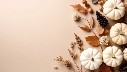 Autumn harvest celebration featuring white pumpkins and natural decor cozy indoor environment elegant arrangement