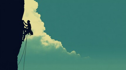 Silhouette of climber scaling a cliff face against a cloudy sky