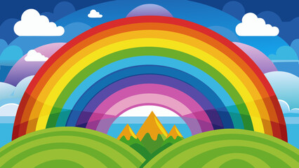 Vibrant rainbow arching over rolling green hills and mountains under a cloudy sky