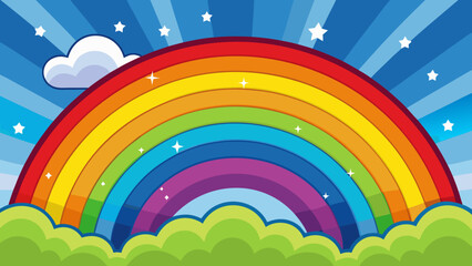 Vibrant rainbow arching over green hills under a starry blue sky