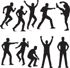A vector-style silhouette of a man in 10 dynamic poses, including running, jumping, punching, kicking, and cheering, isolated on a clean white background for versatile use.