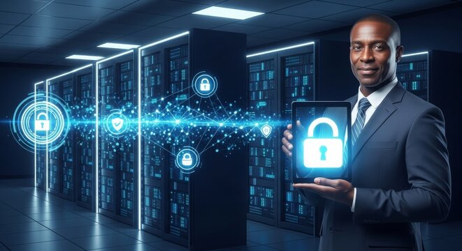 Cybersecurity and Privacy Protection Concept &ndash; Businessman Securing Data with Lock Icon and Encryption Technology

