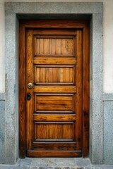 Ornate wooden door, rich brown tones, framed by weathered stone surround, vertical composition