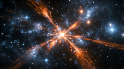abstract background of a starburst with orange and blue nebula clouds