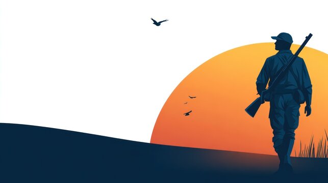 Silhouette of a hunter walking at sunset