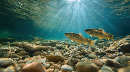 Naklejka premium Trout gliding in a clear river, sunlight piercing the water—a tranquil underwater world.