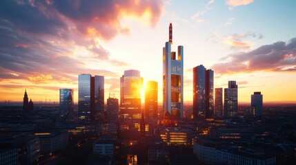 Fototapeta premium Modern city skyline with tall skyscrapers du sunset with vibrant colorful clouds and warm sunlight