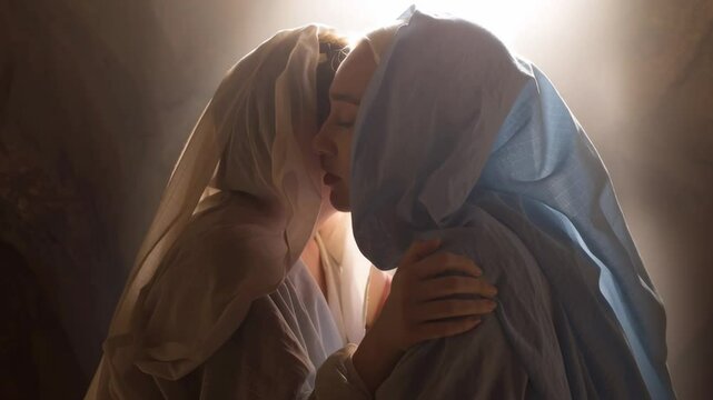 Meeting of pregnant Mary and Elizabeth. Illustration of the Gospel event, for biblical publications