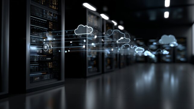 Server room with cloud computing data transfer Digital cloud icons flow between servers