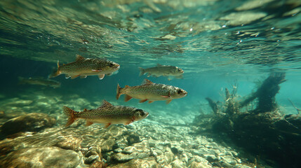 Obraz premium Trout gliding in a clear river, sunlight piercing the water—a tranquil underwater world.