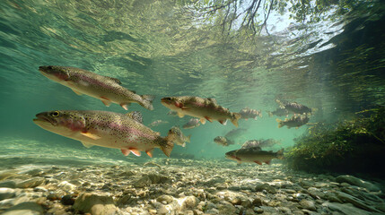Fototapeta premium Trout gliding in a clear river, sunlight piercing the water—a tranquil underwater world.