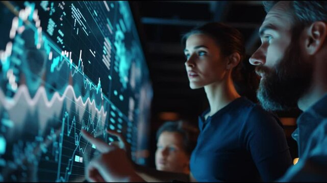 Professionals analyze data trends using advanced technology in a modern workspace