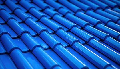 Obraz premium Close up view of a vibrant blue tiled roof The image shows the texture and pattern of the roofing tiles in detail