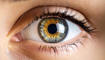 Close up of a human eye with hazel iris detailed view of eyelashes and skin texture
