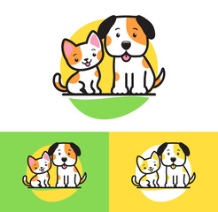 Cute illustration of a cat and dog with orange and white patches, tongue out. Simple pet or animal service branding logo or symbol, with color variations