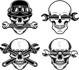 Vintage skull with crossed plumbing wrenches. Design element for poster, emblem, sign, logo, label. Vector illustration