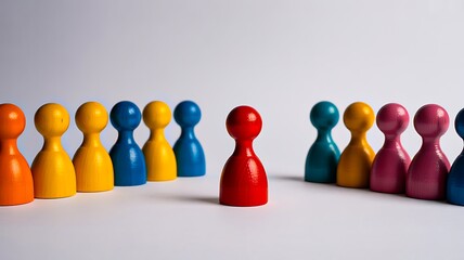Colorful wooden figures represent team diversity, leadership, individuality, and standing out from the crowd in an organizational concept.