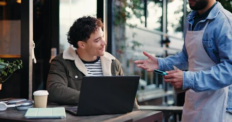 Laptop, customer and waiter with machine at restaurant for coffee bill, payment or hospitality. Remote work, man or server with POS at cafe for cashless transaction, financial service or digital sale - Powered by Adobe
