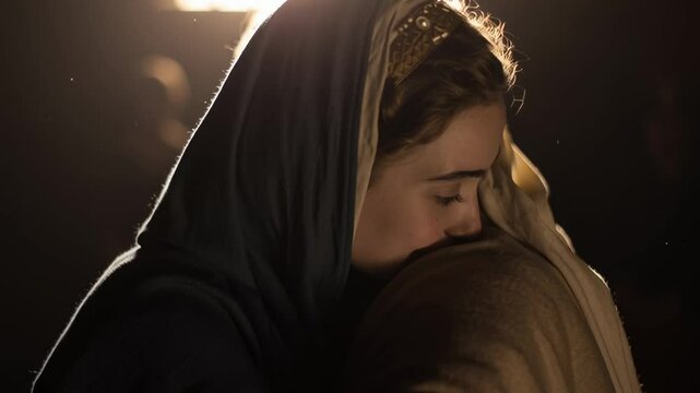 Meeting of pregnant Mary and Elizabeth. Illustration of the Gospel event, for biblical publications