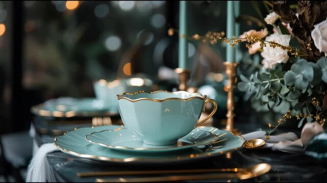 Elegant table setting featuring teal dinnerware and floral arrangements for a cozy gathering