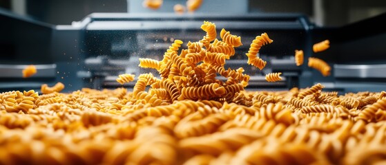 Close-up of uncooked fusilli pasta spirals spilling out from a modern stainless steel pasta maker machine on a sleek kitchen surface