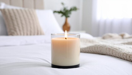 Lit candle in glass jar on white bed linens blurred background shows pillows and a knitted throw