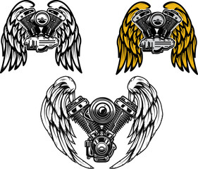 Set of winged motorcycle engine. Design elements for poster, emblem, sign, logo, label, emblem.