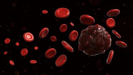 A 3d rendering of blood sample containing a cancerous formation, providing a clear and representation of a blood tumor or a malignant cell amidst normal blood components. 