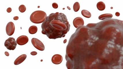 A 3d rendering of blood sample containing a cancerous formation, providing a clear and representation of a blood tumor or a malignant cell amidst normal blood components. 