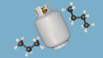 A 3D rendering of Liquefied Petroleum Gas (LPG), with a focus on its molecular components: butane and propane molecules, and white gas tanks.