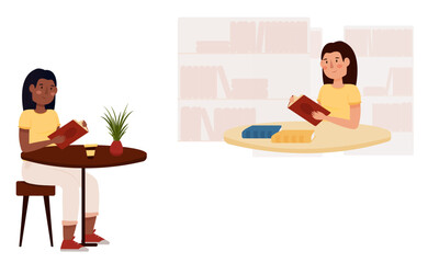 Fototapeta premium A girl enthusiastically reads a book in a cafe, in a park, in a library, on a swing. Literary girl
