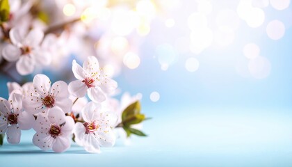 Delicate white cherry blossoms on a light blue background with bokeh effect Spring flowers close up image
