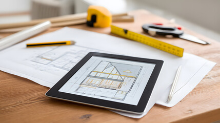 A digital tablet lies next to architectural drawings, a measuring tape, and pencils on a desk. The composition blends digital planning with traditional drafting tools. Ideal for design firms, construc