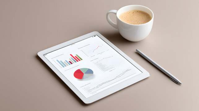 A tablet screen displays a colorful infographic with pie charts and bar graphs on a clean, white background. The top-down view presents modern data visualization in a professional style. 