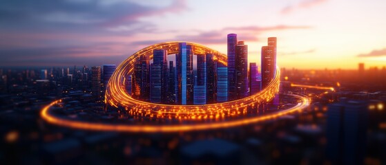 Futuristic city skyline with illuminated skyscrapers revolving in a glowing circular path at sunset