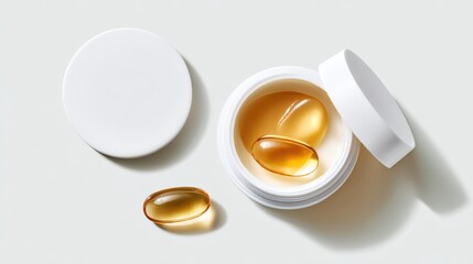 Golden vitamin capsules are laying next to and inside an open white jar on a neutral background