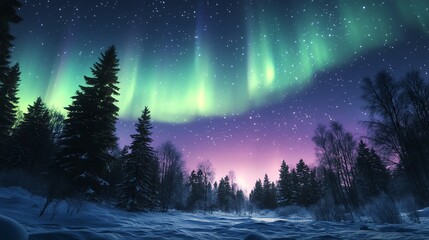 Fototapeta premium Experience the breathtaking northern lights illuminating a snowy forest under a starry sky, showcasing a magical night scene.