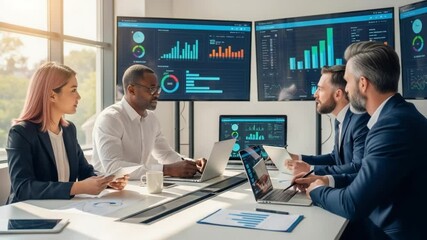 Business Team Analyzes Data and Trends in Modern Office Setting With Multiple Screens - Powered by Adobe