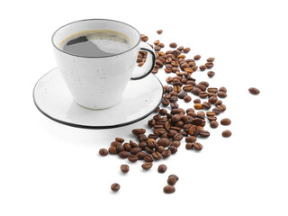 Aromatic coffee in cup and beans isolated on white