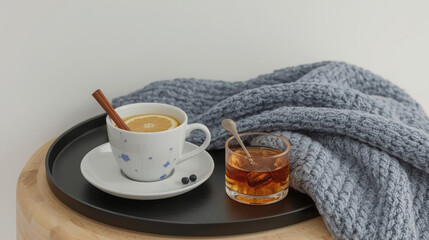 Cozy composition with a hot drink with lemon and cinnamon, a glass of whiskey, and a blue knitted blanket.