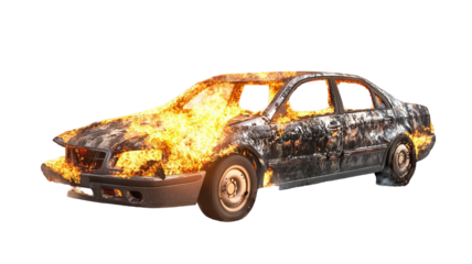 Severely burned luxury sedan engulfed in intense flames with shattered body panels and billowing smoke — ultra-high-resolution transparent PNG cut-out ideal for dramatic automotive accident