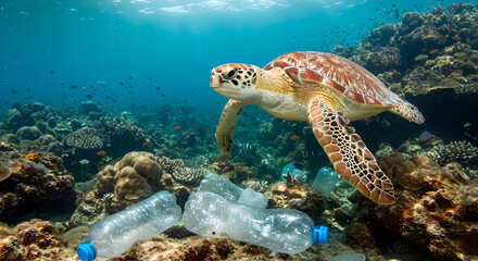 Turtle Surrounded by Plastic Bottles