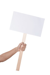 Man holding blank sign on white background, closeup. Mockup for design