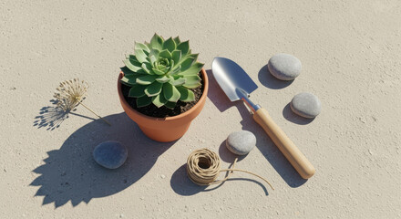 A gardening composition featuring a succulent in a pot, a trowel, stones, and twine on a sandy background.